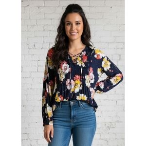 Old Navy Long Sleeve Floral Lace Up Tie Neck Blouse Navy Size XL
